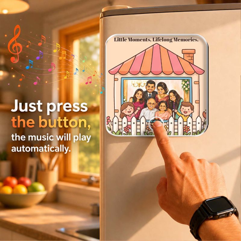 Customized Family Theme Musical Fridge Magnet with Built in Speaker Personalized Photo Frame Magnet for Refrigerator Audio Playback Sound Playing Memory Gift for Home Decor